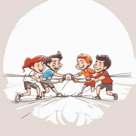 Group of friends playing tug-of-war. cartoon vector illustration