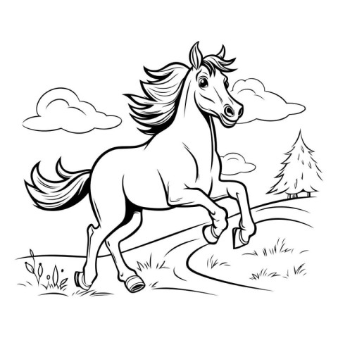 Horse running on the meadow. Black and white vector illustration