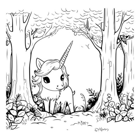 Unicorn in the forest. Black and white vector illustration.