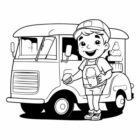 Cute cartoon boy with ice cream truck. Black and white vector il