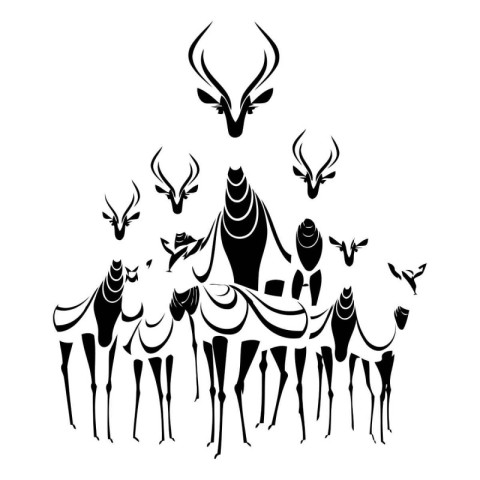 Black silhouette of a herd of antelopes on a white background