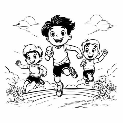 Children jogging in the park. black and white vector illustratio