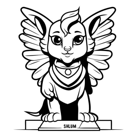 Cute Cartoon Angel - Black and White Vector Illustration. Isolat