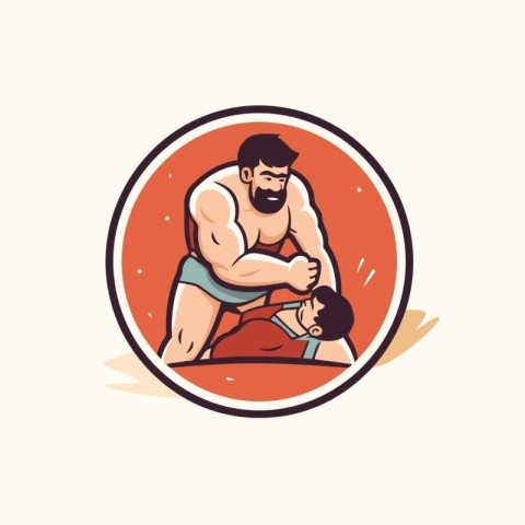 Illustration of a sumo wrestler with his son facing front set in