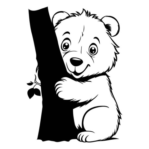 Cute bear holding a tree. Black and white vector illustration.