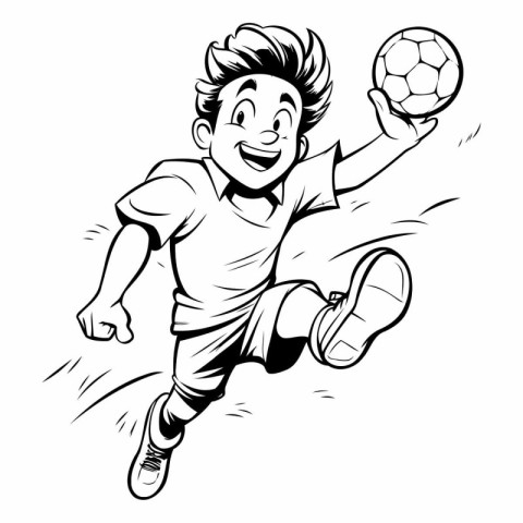 Soccer Player Running with Ball - Black and White Cartoon Illust