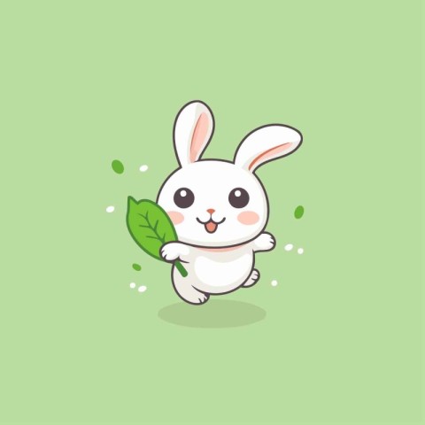 Cute rabbit with leaf on green background. Vector Illustration.