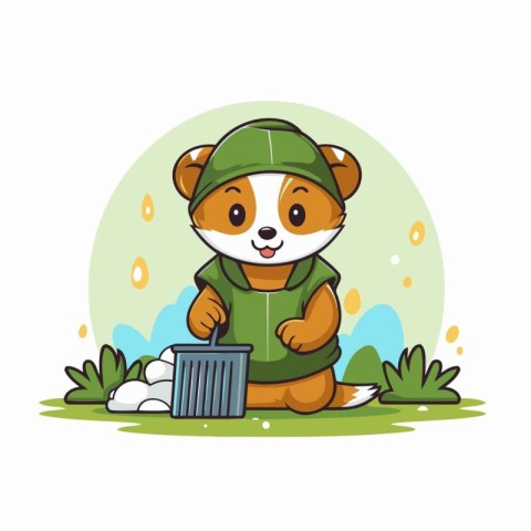 Cute hamster with trash bin in the park. Vector illustration.