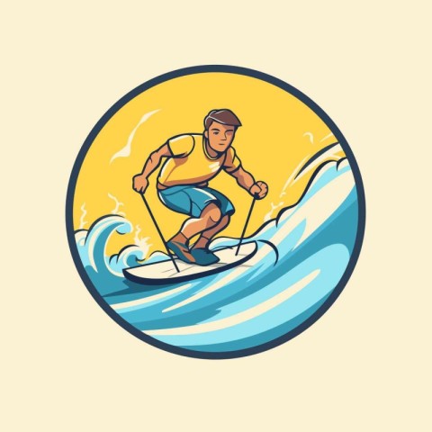 Male surfer on a surfboard. Vector illustration in retro style