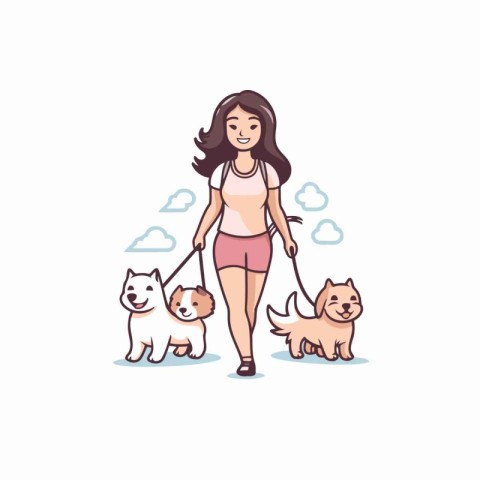 Woman walking with her dogs. Vector illustration in cartoon styl