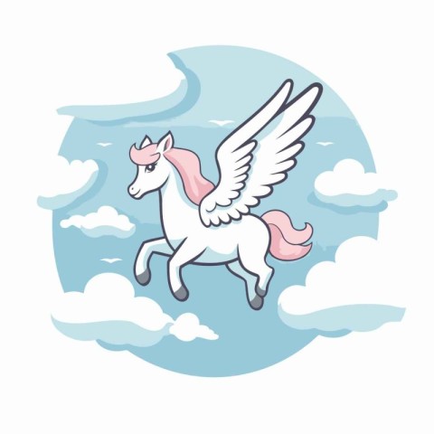 Unicorn flying in the sky with clouds. Vector illustration.