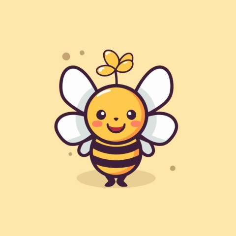 Cute cartoon bee with flower. Vector illustration isolated on ye