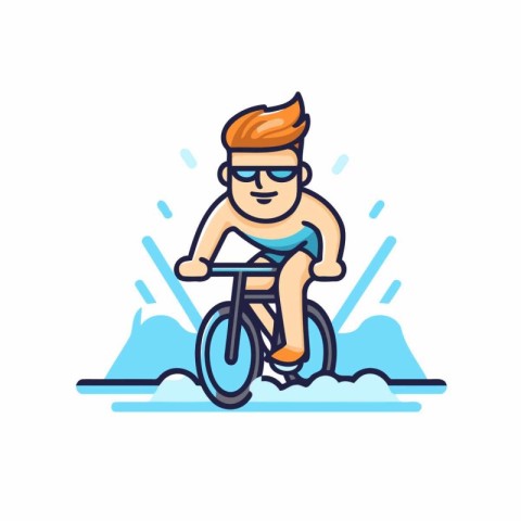 Cyclist in glasses riding a bicycle on water. Vector illustratio