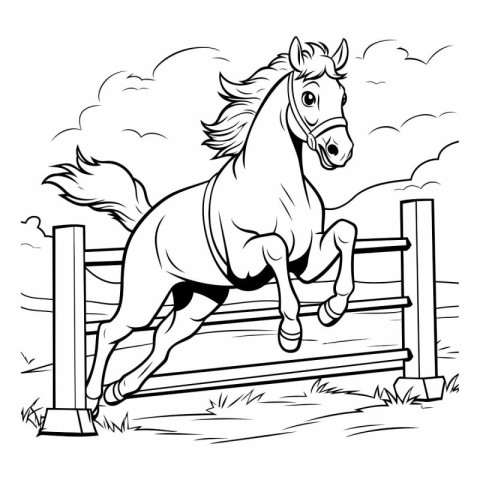 Horse jumping over fence. Black and white vector illustration fo