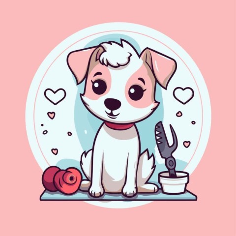 Cute cartoon dog. Vector illustration on pink background with he