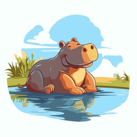 Hippopotamus sitting in the water. Cartoon vector illustration.