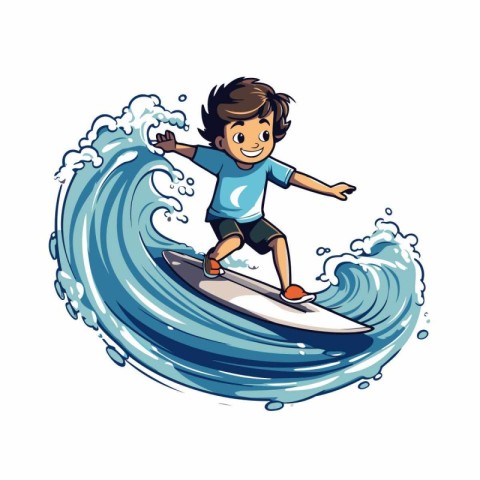 Boy surfing on the waves. Vector illustration isolated on white