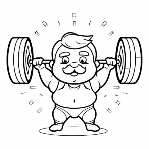 Black And White Cartoon Illustration of Fat Man Lifting Barbell