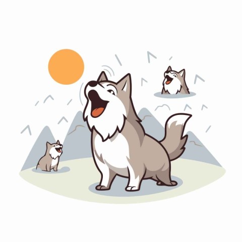 Cute cartoon husky dog in the mountains. Vector illustration.