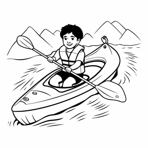 Illustration of a young man in a kayak. Vector illustration.