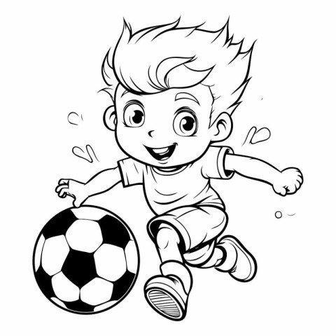 Little boy playing soccer. black and white vector illustration f