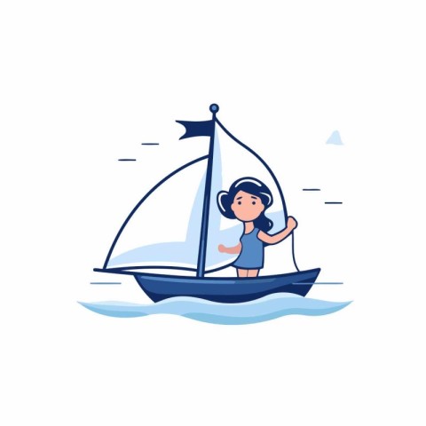 Little girl sailing on a sailboat. Vector illustration in flat s