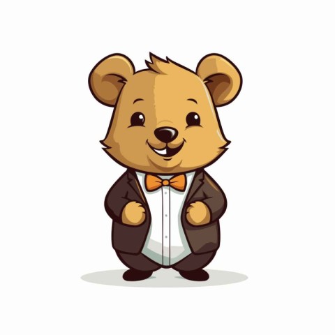 Cute cartoon bear with bow tie isolated on white background. Vec