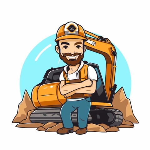 Worker with excavator. Vector illustration in a cartoon style.