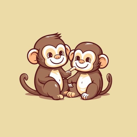 Cute cartoon monkey and monkey sitting together. Vector illustra