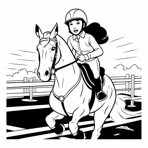 Girl jockey riding a horse. Black and white vector illustration.