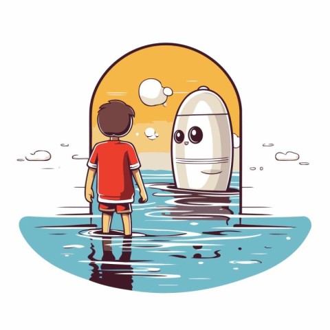 Vector illustration of a boy standing on the seashore with a lif