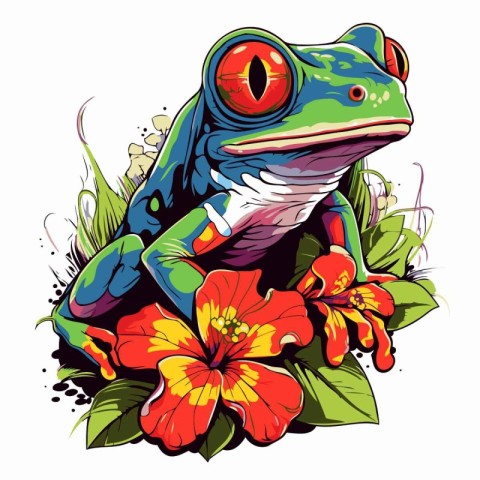 Vector image of a frog and flowers. Hand drawn illustration of a