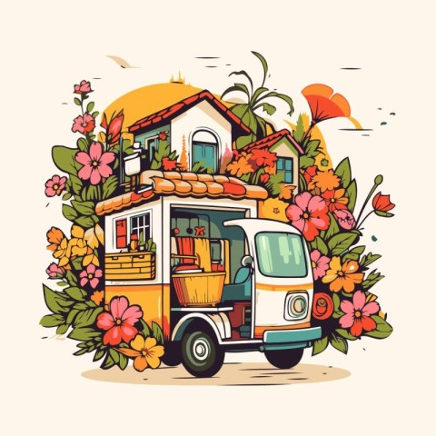 Coffee truck with flowers in the city. Vector illustration.