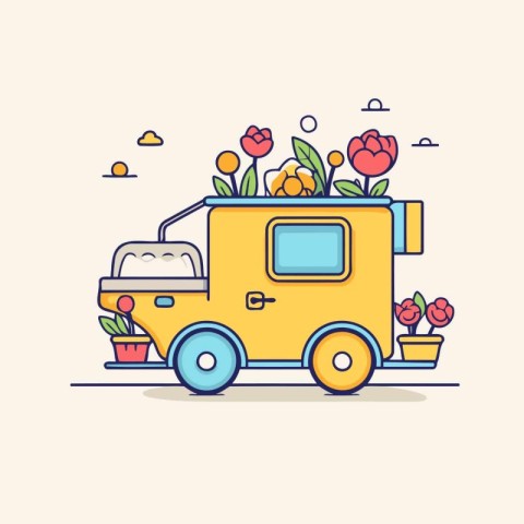 Flat line art vector illustration of street food truck with flow