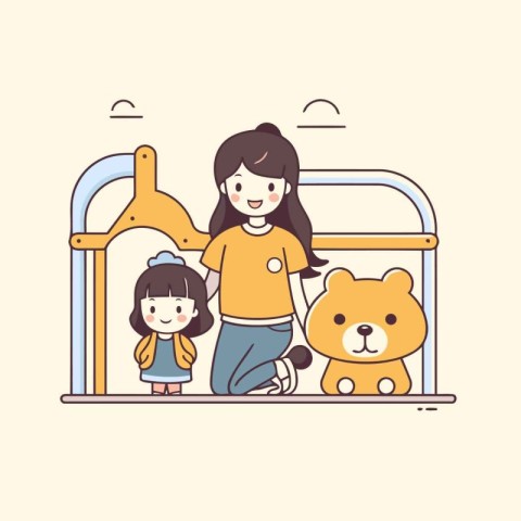 Mother and daughter playing with dog on playground. Flat design