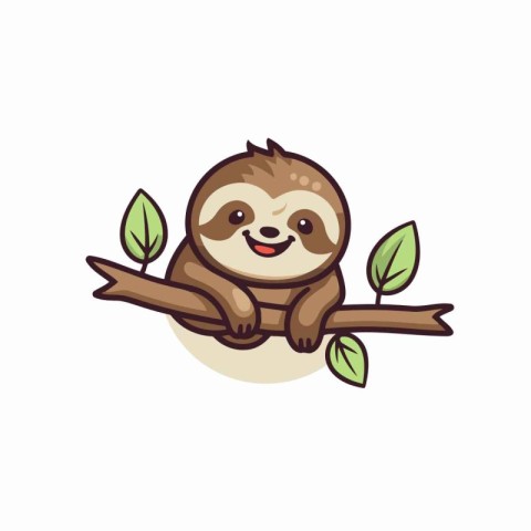 Cute cartoon sloth sitting on tree branch. Vector illustration.