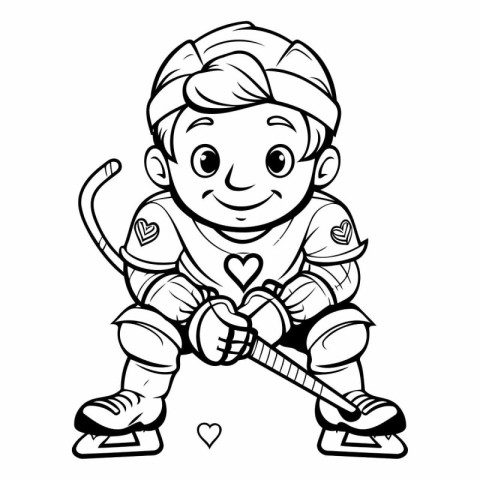 Black and White Cartoon Illustration of Kid Hockey Player Charac