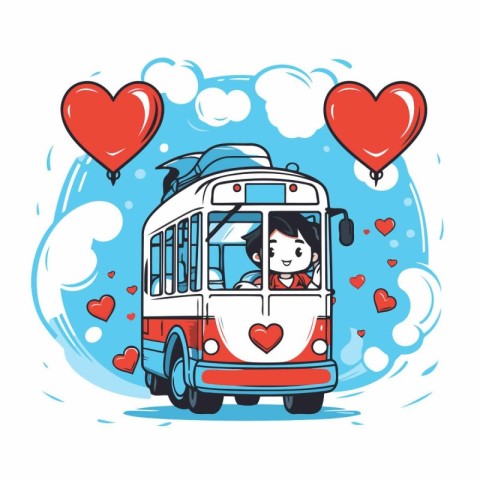 Cute cartoon vector illustration of love bus with couple in love