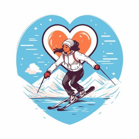 Skiing girl in the mountains. Vector illustration of a skier wit