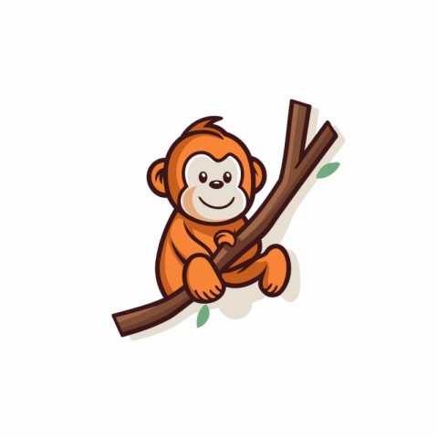 Cute cartoon monkey sitting on a tree branch. Vector illustratio