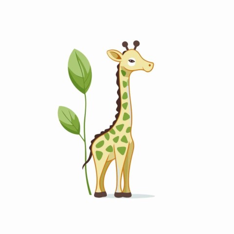 Cute cartoon giraffe with green leaves isolated on white backgro