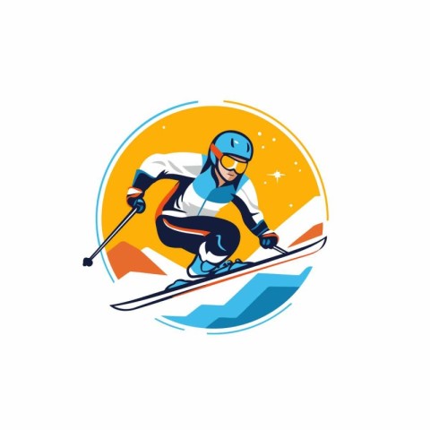 Skier in helmet and goggles skiing on mountain slope. Vector ill