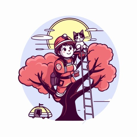 Fireman and cat on a tree. Vector illustration in cartoon style.