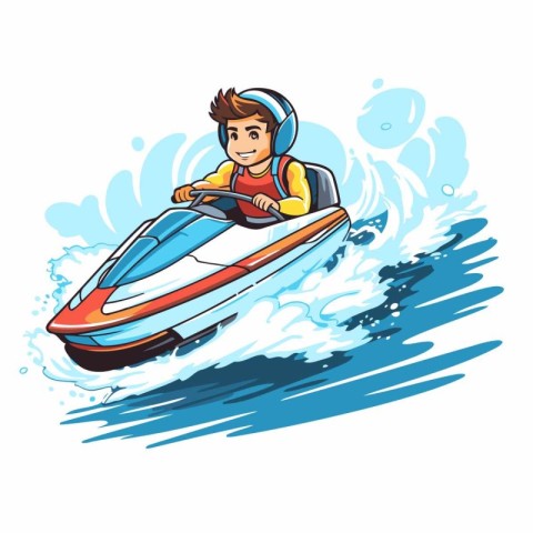 Young man riding a jet ski on the water. Vector illustration.