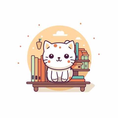 Cute cat sitting on the bookshelf. Vector illustration.