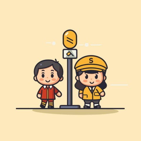 Cute boy and girl standing on traffic light. Vector illustration