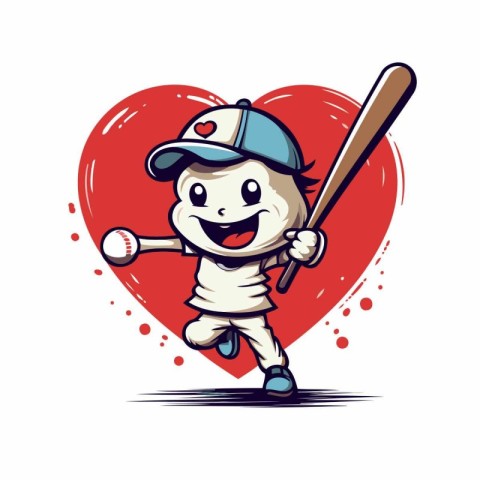 Cartoon baseball player with baseball bat and heart. Vector illu