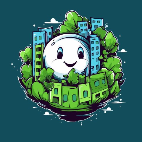 Vector illustration of a cartoon city with a smiley face on a gr