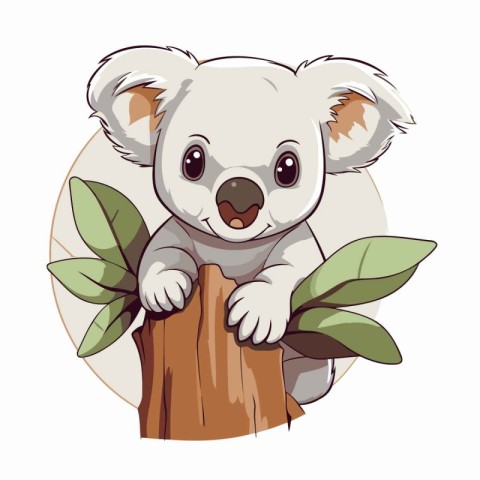 Cute cartoon koala on a tree with leaves. Vector illustration.