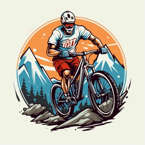 Mountain biker riding on the road in the mountains. vector illus